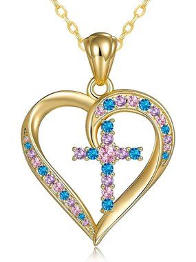 14k Gold Plated Heart Cross Necklace for Women - Elegant Religious Jewelry